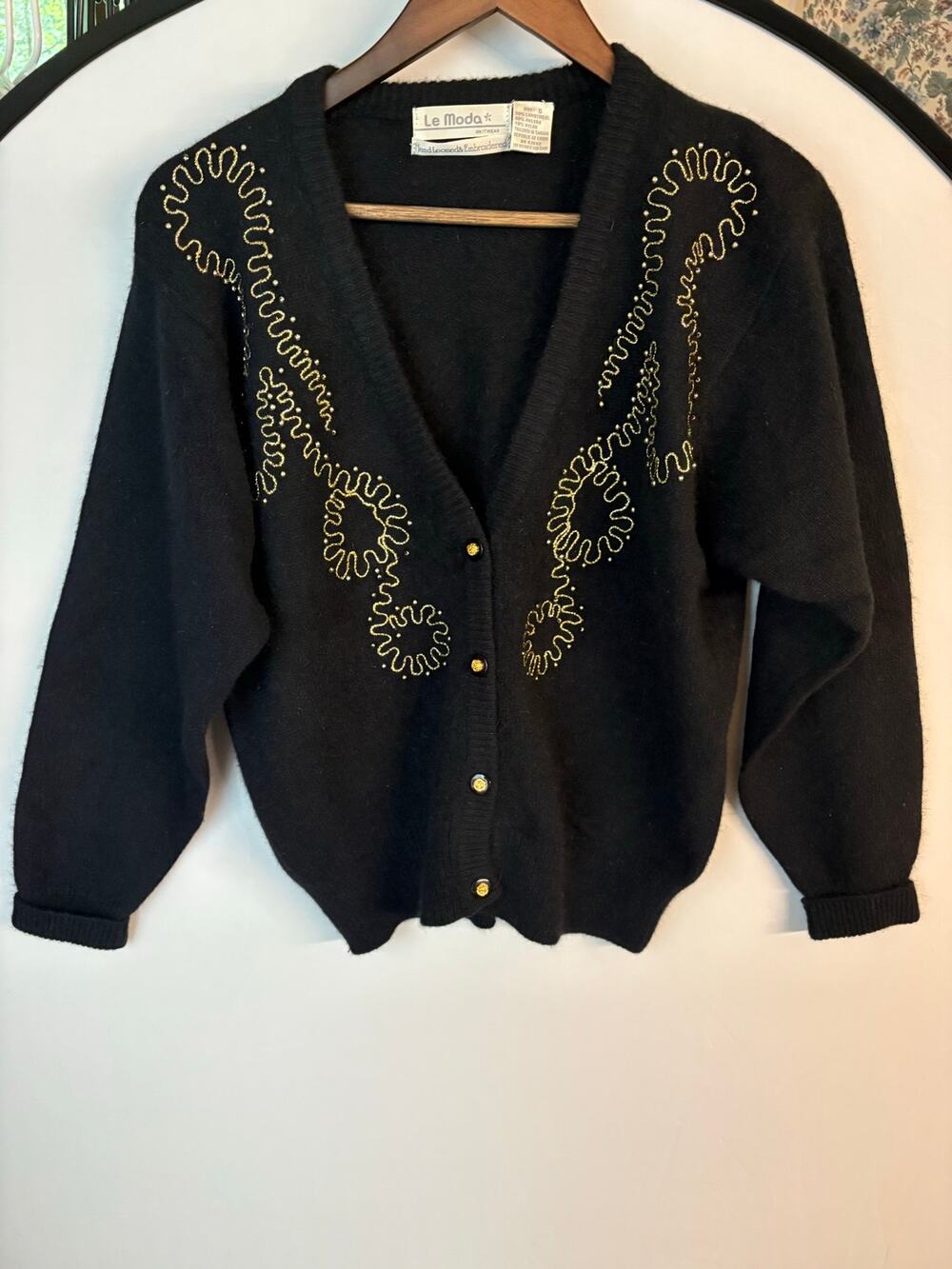 80s vintage Angora Lambswool Cardigan Gold Beaded Black Knit Sweater Whimsigoth